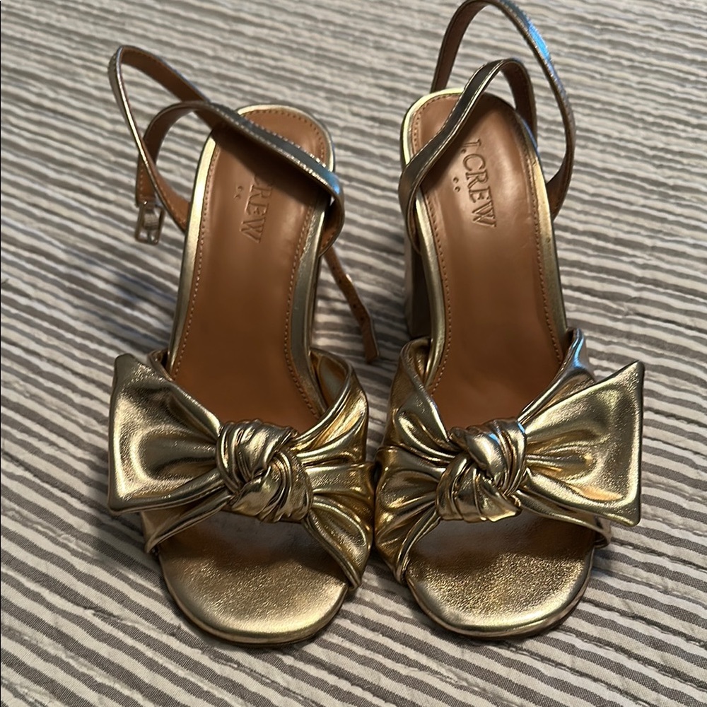 J. Crew Gold Heels with Elegant Bow Detail